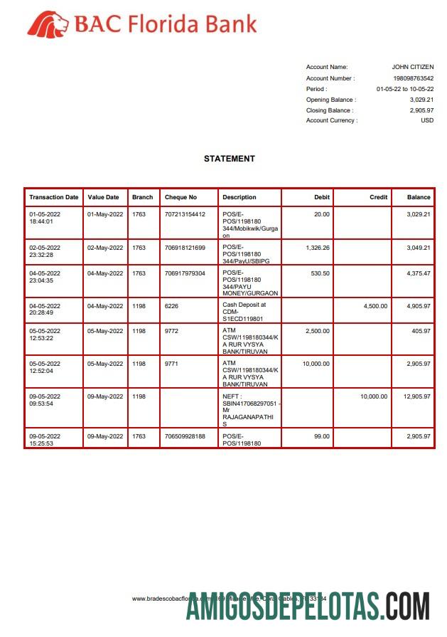 Exemplo de extrato bancário US BAC Florida